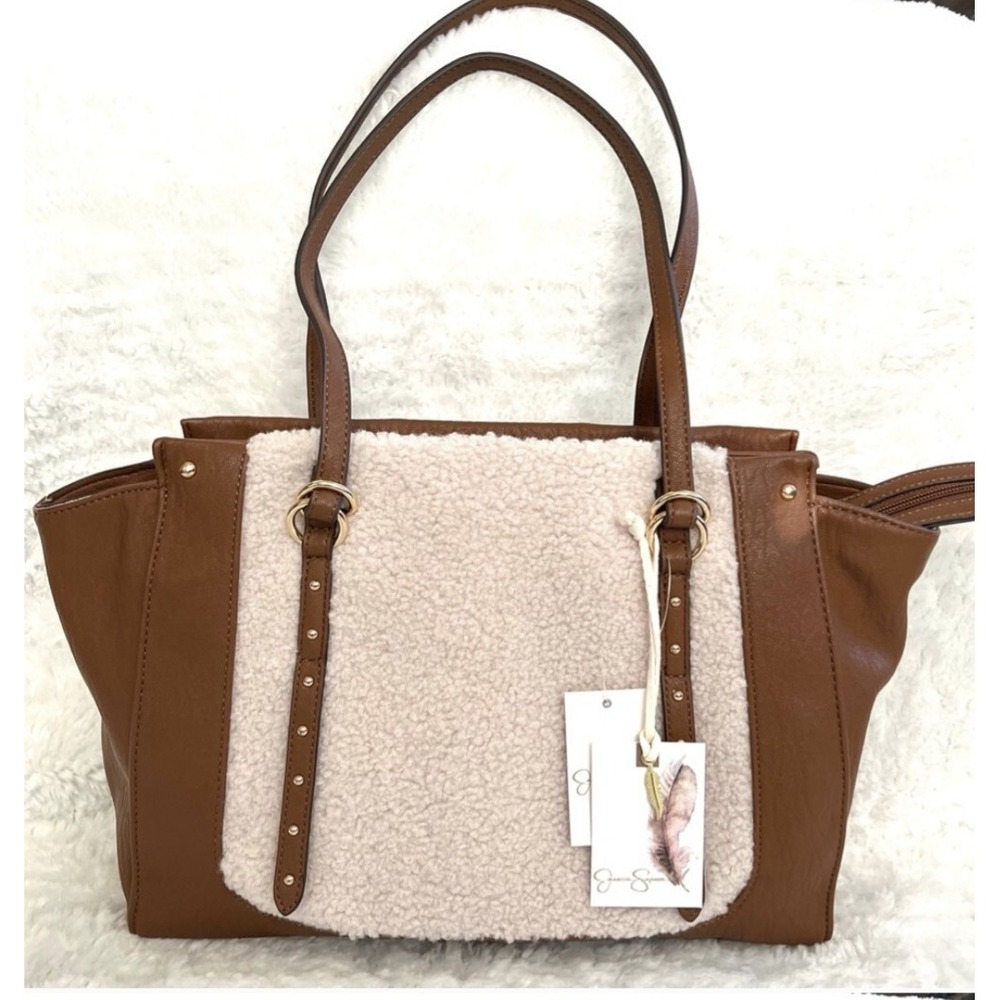 Jessica Simpson Sherpa Fleece + Leather Satchel Bag